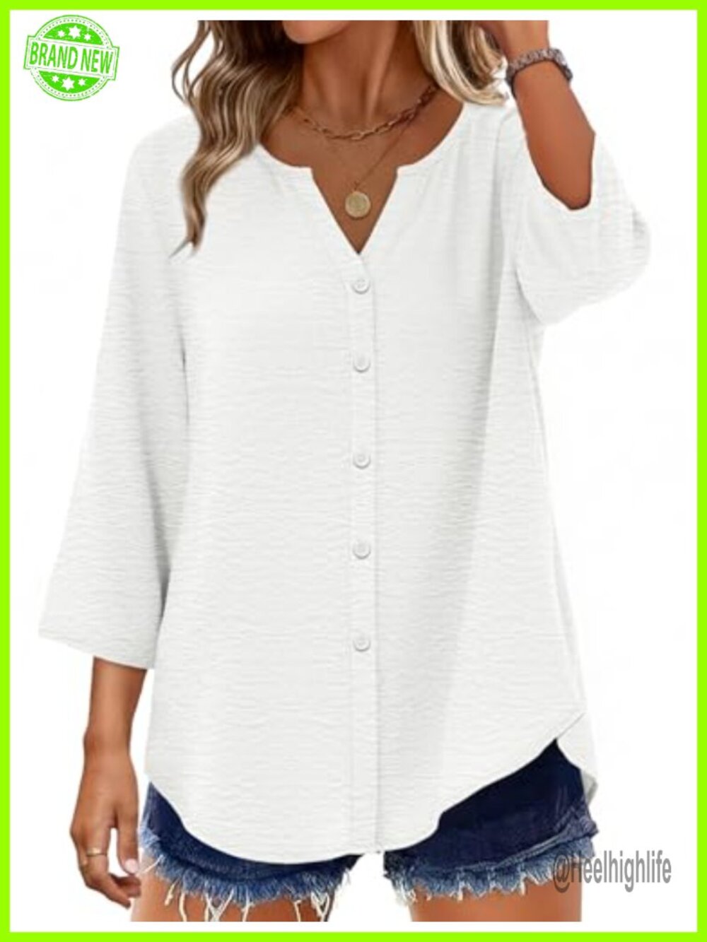 Button Down Shirt 3/4 Sleeve V Neck Loose Fit Business Casual Top